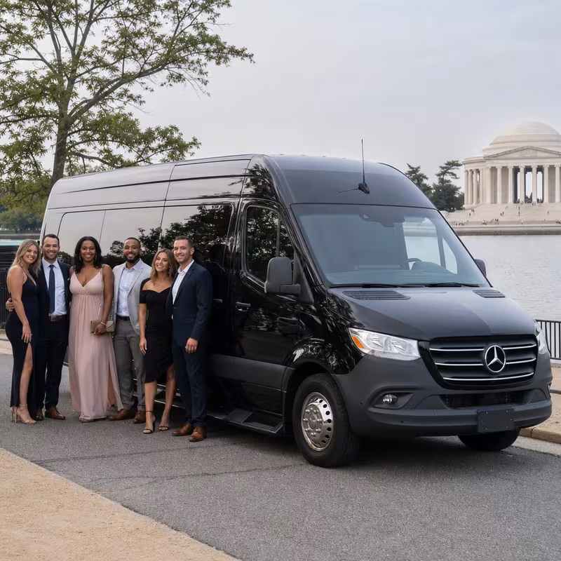 Group beside a Mercedes Sprinter limo from the Washington fleet