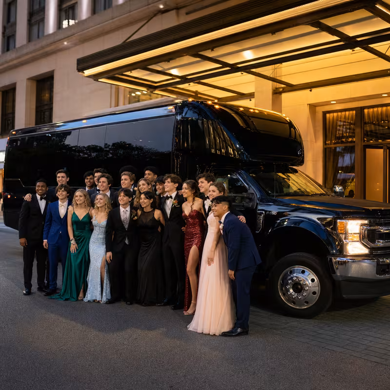 Party bus interior with wraparound leather seating and LED lighting in Washington