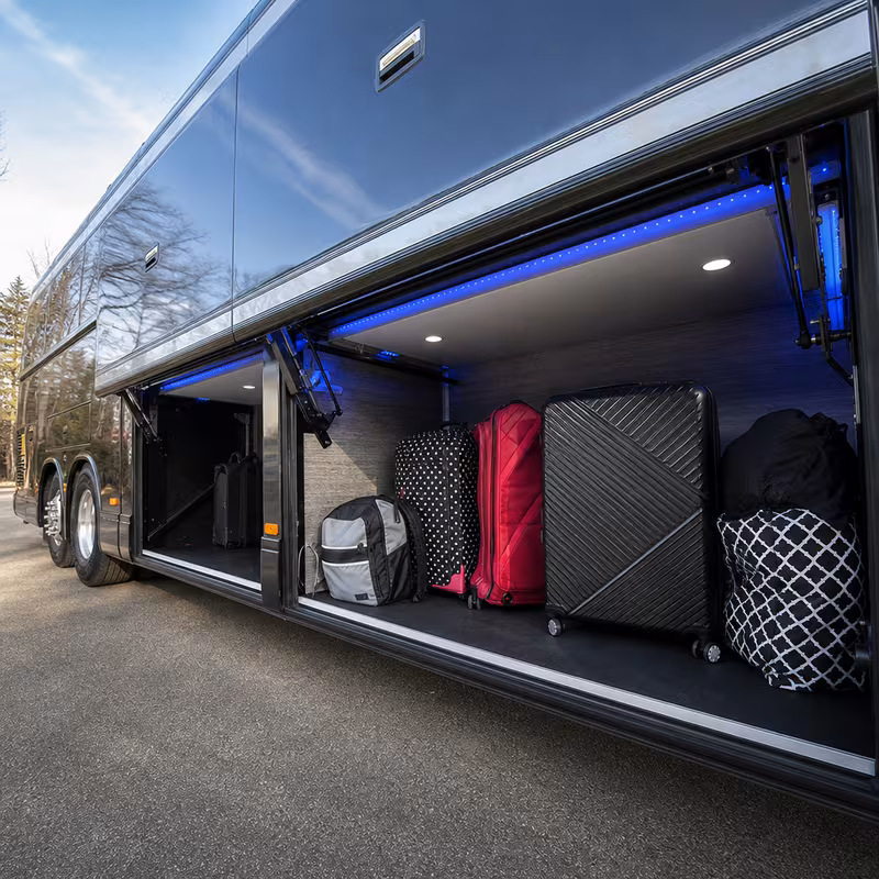 Party bus interior with wraparound leather seating and LED lighting in Washington